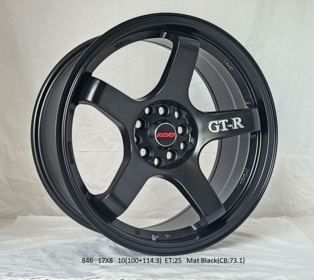 17 inch Rays GTR alloy rims, 5x100/114.3 PCD, ET25 offset, 8J width, silver multi-spoke design
